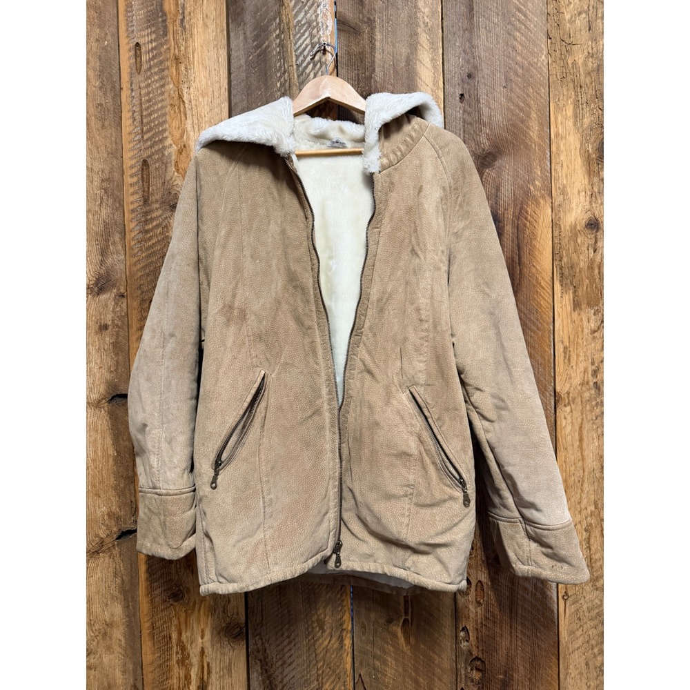 Vintage J Percy For‎ Marvin Richards Leather Hooded Men S Tan Faux Fur Lined